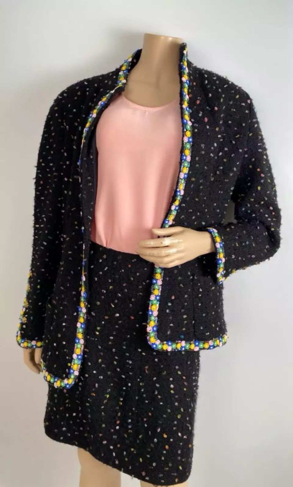 1980’s Collection 23 Chanel Black Multicolor Confetti Jacket Skirt Suit Set US 8/10