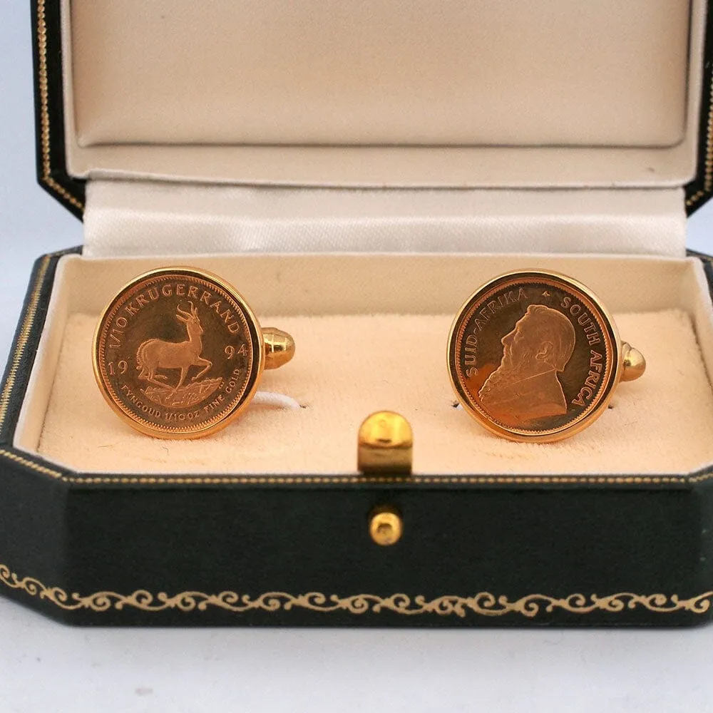 1994 1/10th oz South Africa Gold Krugerrand Cufflinks - 18K Bezels/Toggles