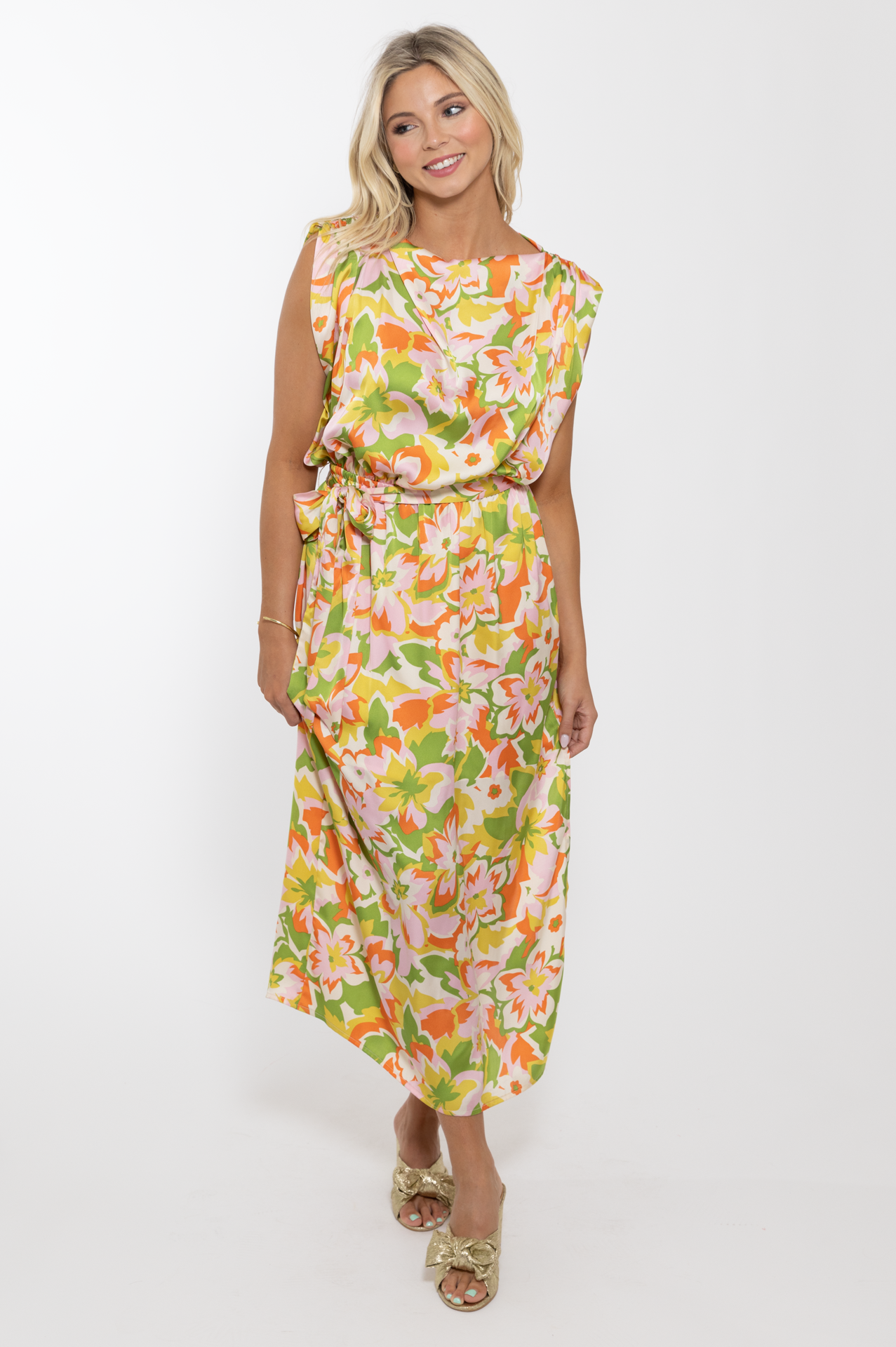 Abstract Floral Satin Maxi Dress