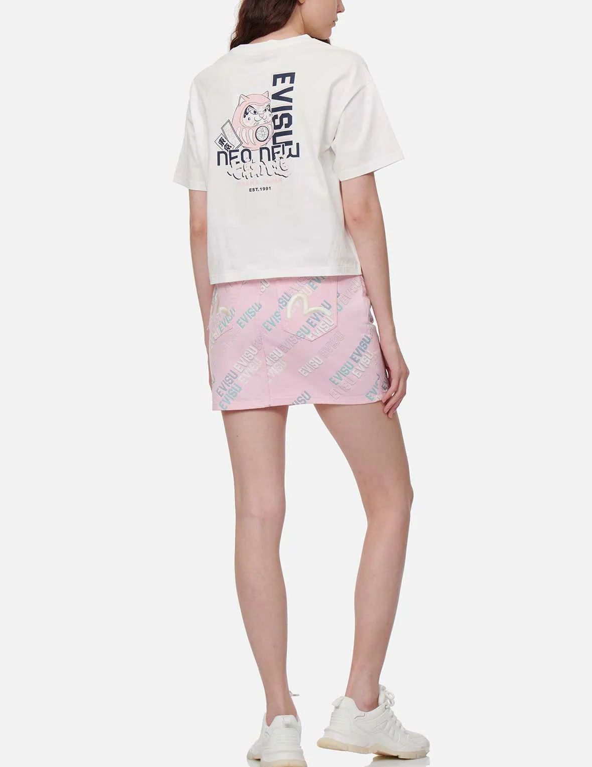 Allover Logo Print Denim Mini Skirt