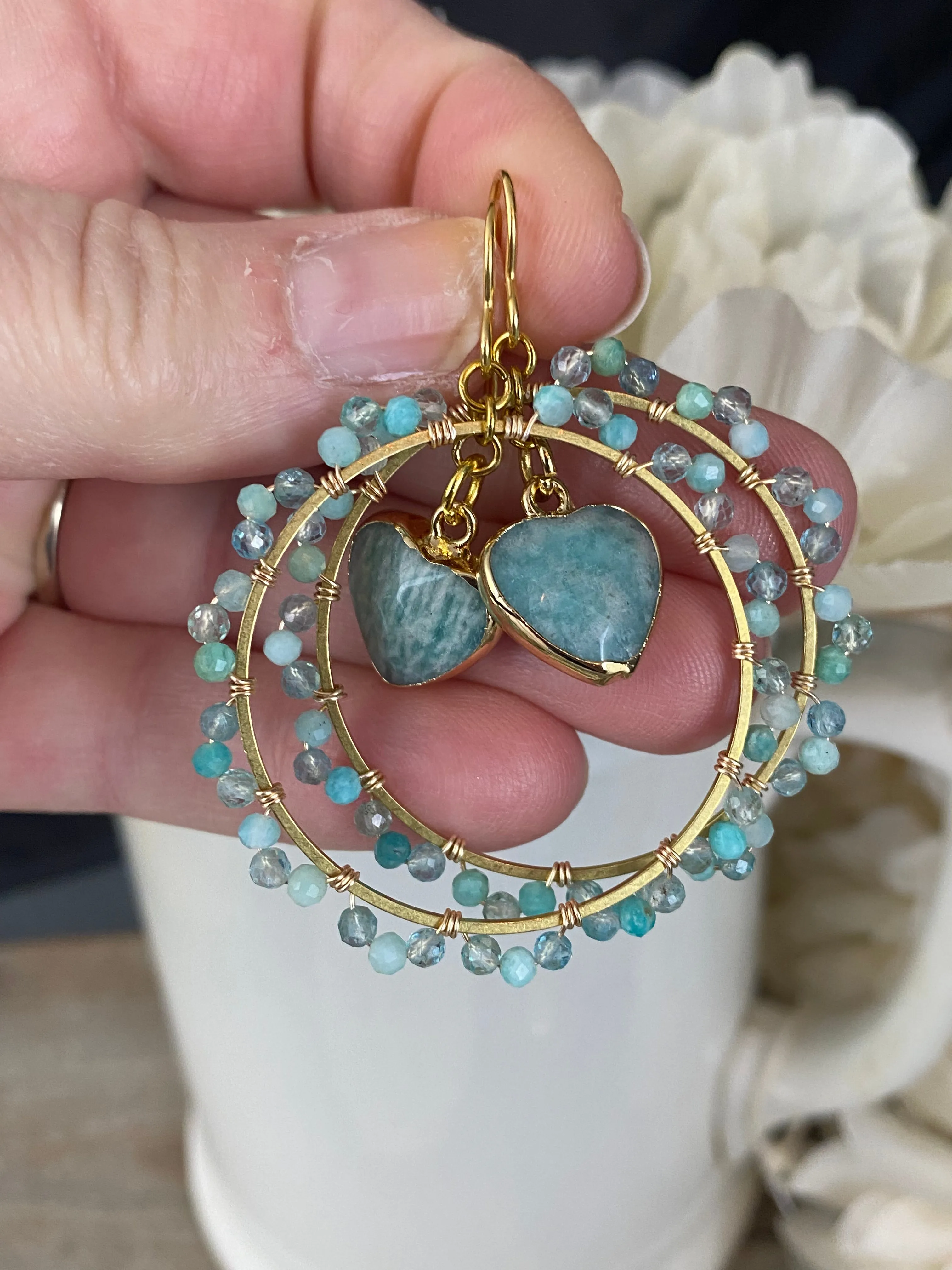 Amazonite, aquamarine stone gold hoops, earrings, jewelry