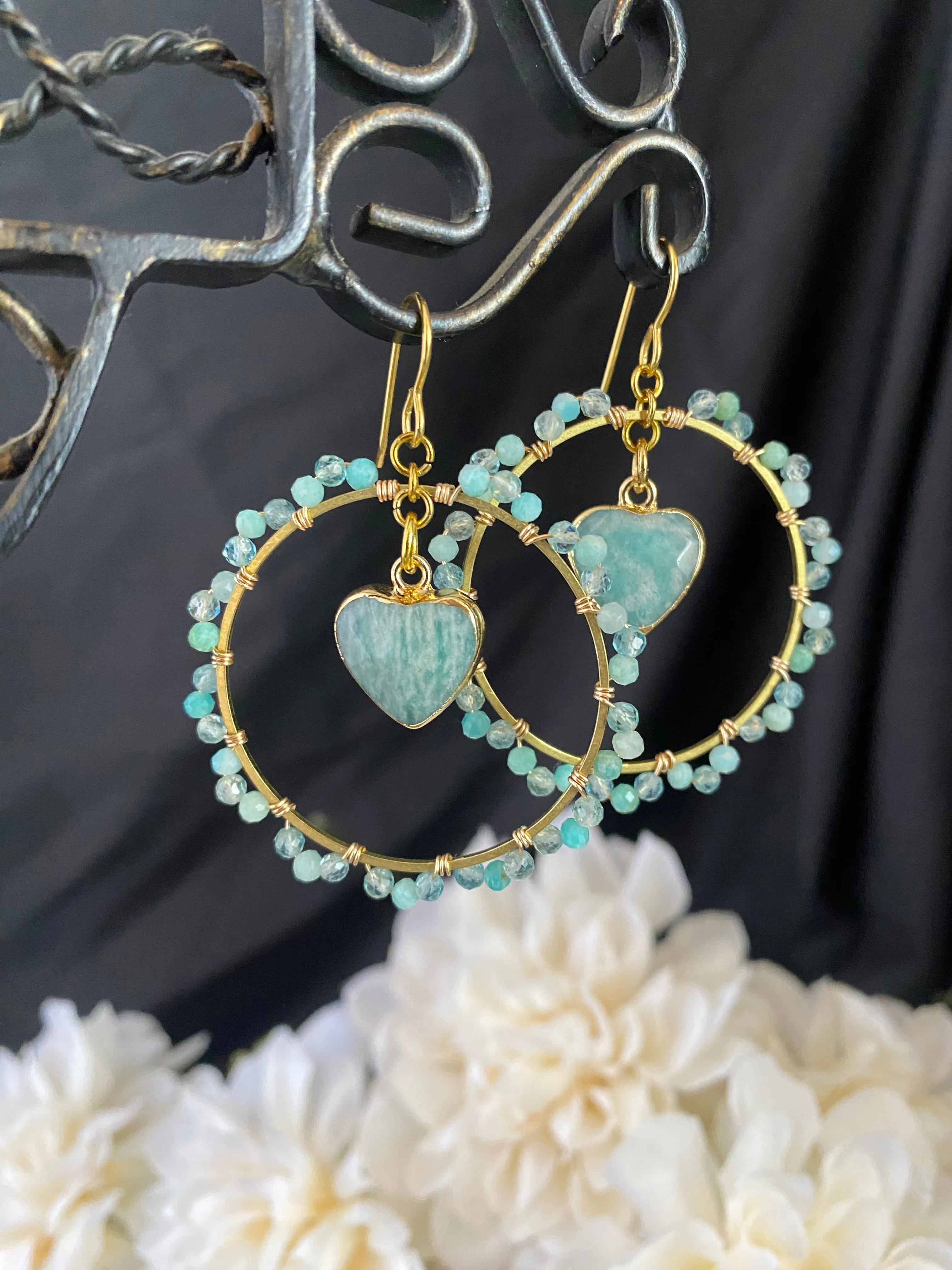 Amazonite, aquamarine stone gold hoops, earrings, jewelry