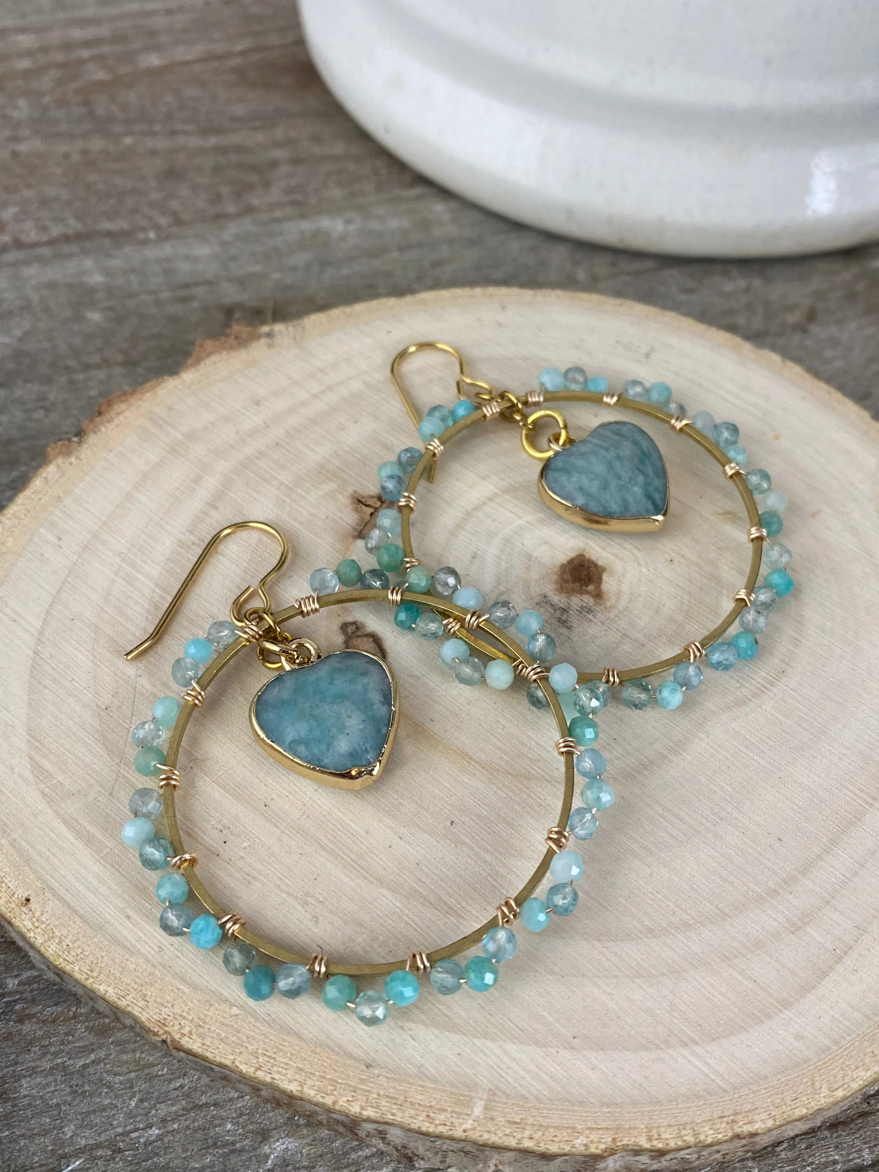 Amazonite, aquamarine stone gold hoops, earrings, jewelry