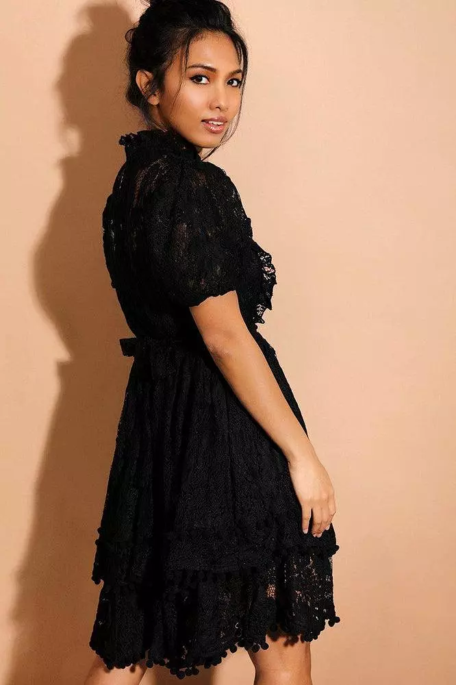 Black Pom Pom Trims Layered Delicate Lace Dress