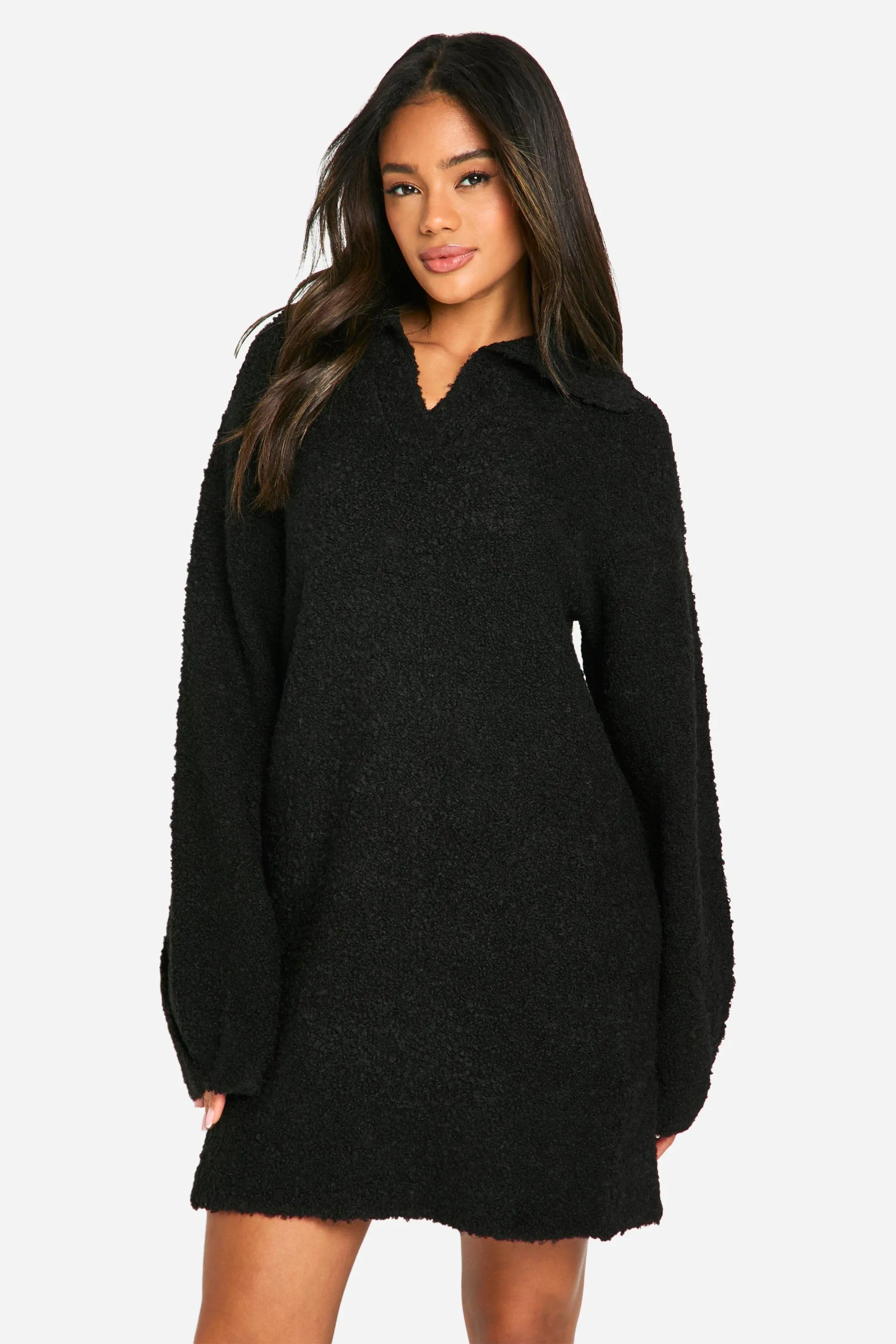 Borg Oversized Collar Detail Mini Sweater Dress