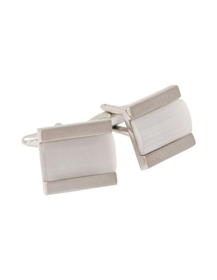 Brushed Rhodium Cats Eye Inlay Cufflinks in White