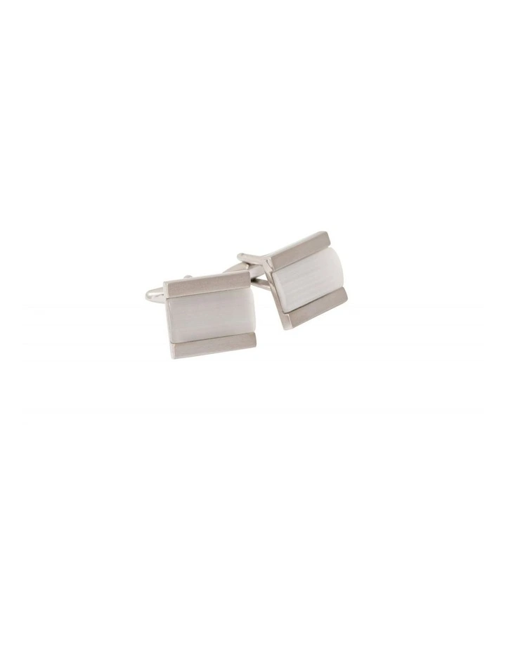 Brushed Rhodium Cats Eye Inlay Cufflinks in White