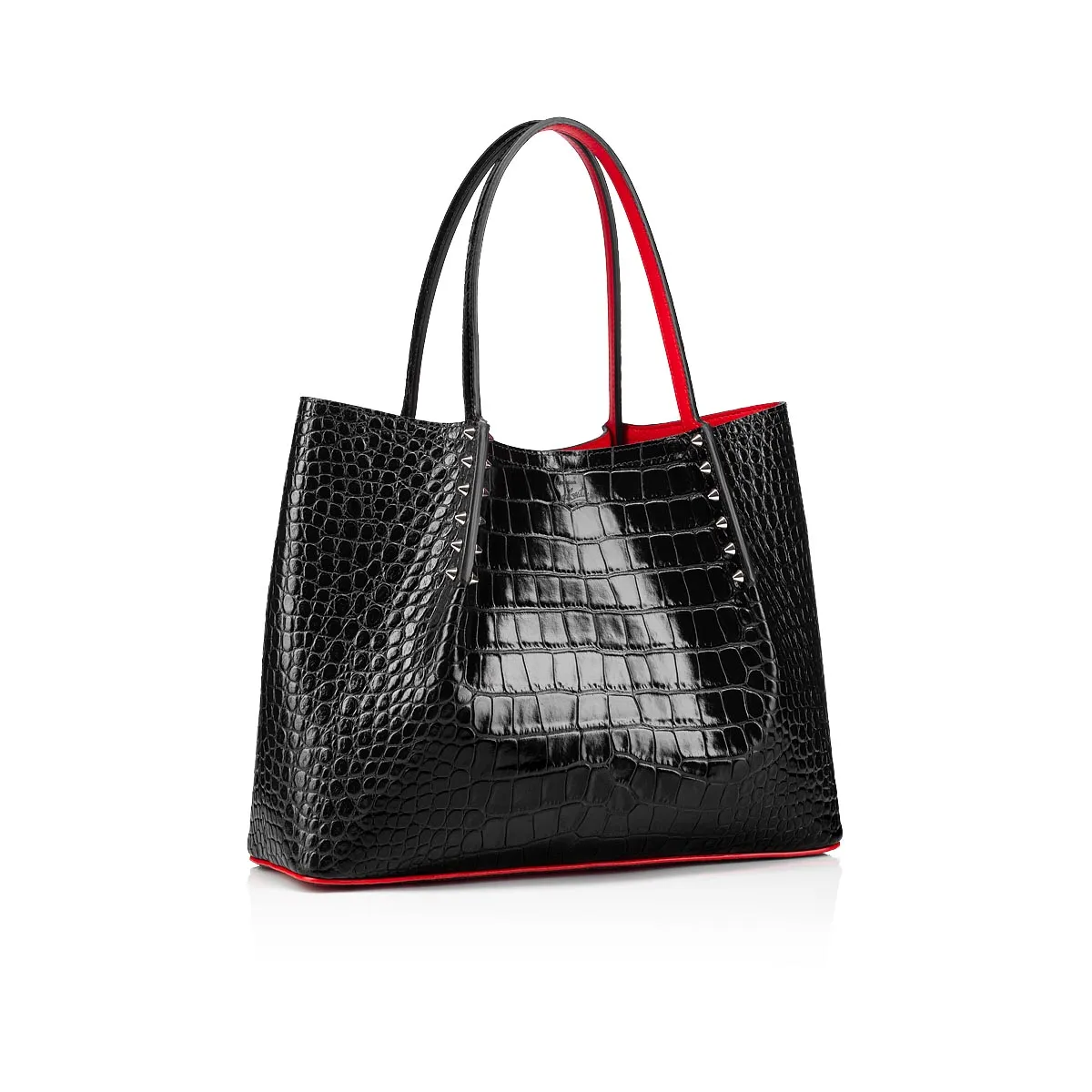 Cabarock small Tote bag - Alligator embossed calf leather and spikes - Black