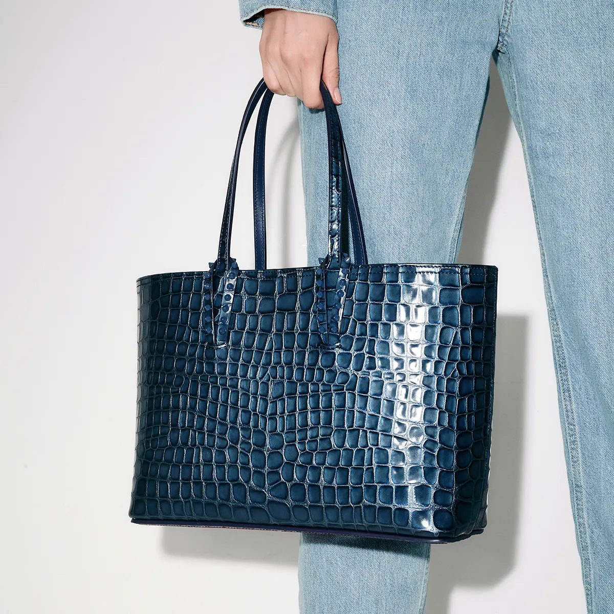 Cabata small Tote bag - Alligator embossed calf leather - Denim