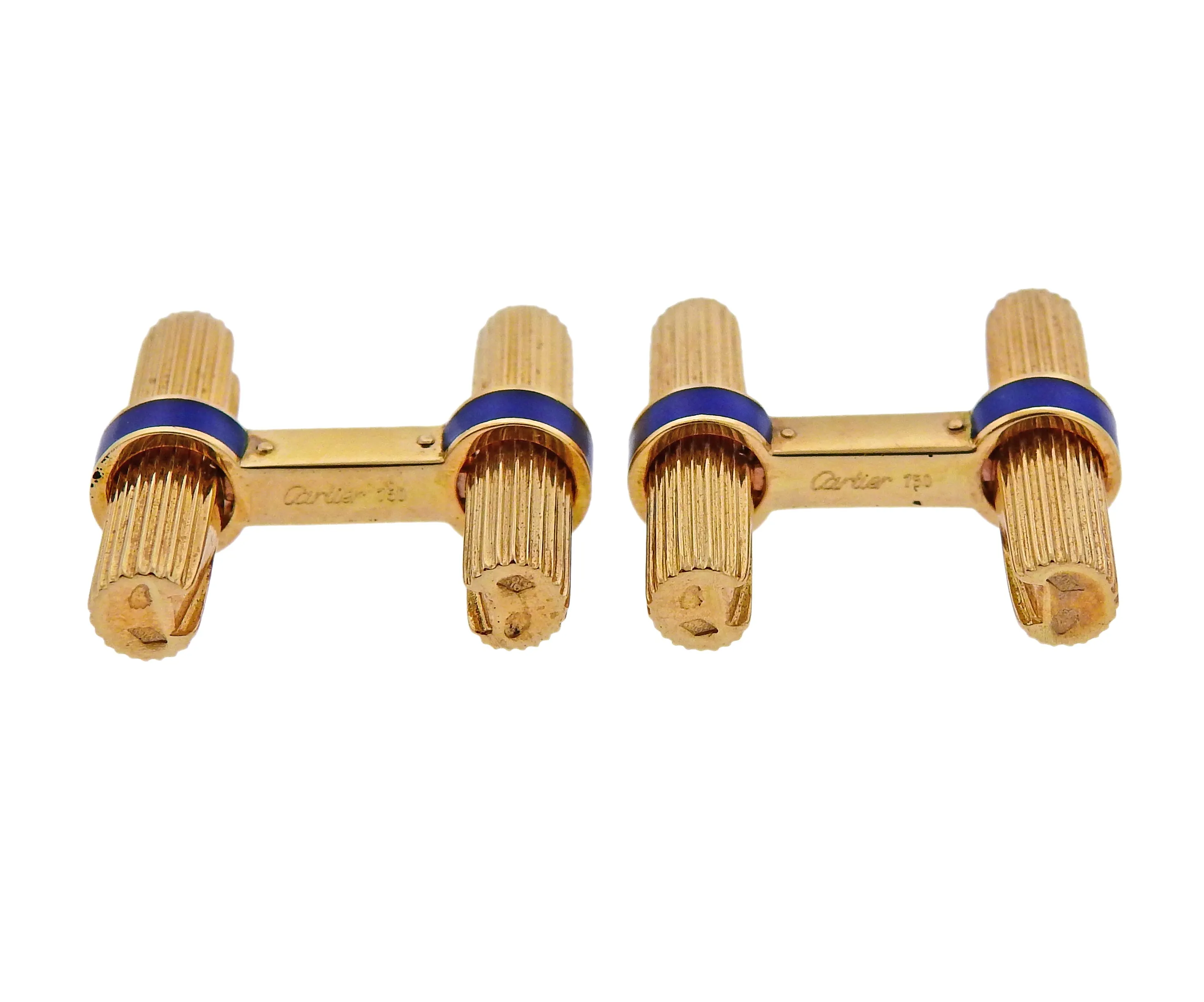 Cartier Mid Century Blue Enamel Gold Bar Cufflinks