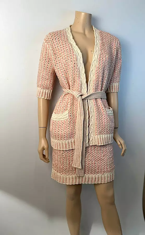 Chanel 18P 2018 Spring Pink Ivory 3 Pc Woven Cardigan Skirt Belt Skirt Set FR 36 US 4/6