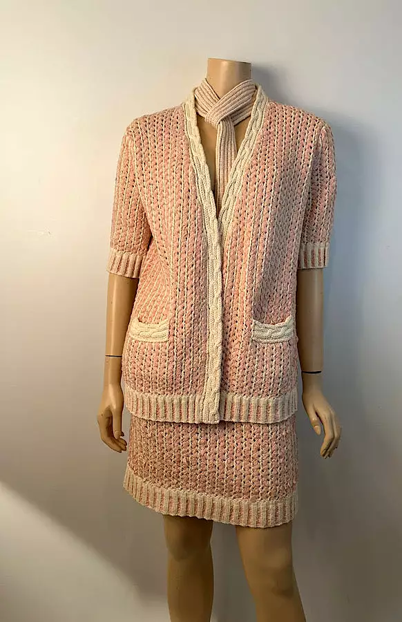 Chanel 18P 2018 Spring Pink Ivory 3 Pc Woven Cardigan Skirt Belt Skirt Set FR 36 US 4/6