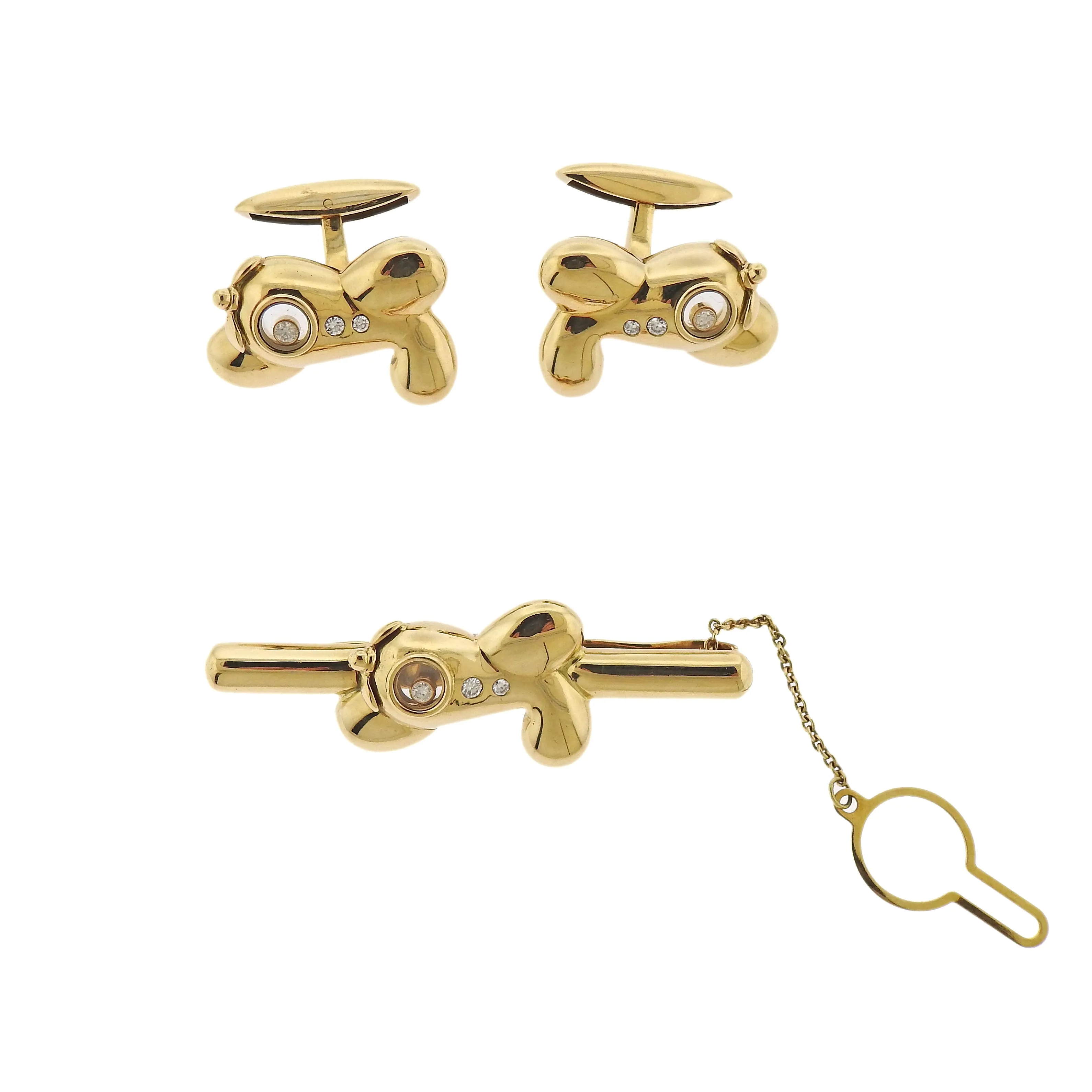 Chopard Gold Plane Diamond Cufflinks Tie Bar Set