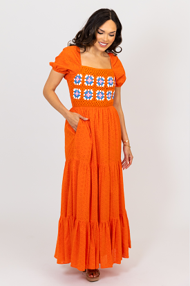 Crochet Trim Puff Sleeve Maxi Dress