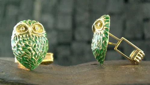 Cufflinks Green Enamel on 18K Yellow Gold with Diamond Eye Owls