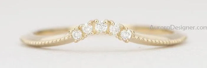 Curved Five Diamond Ring 14K Gold Crown Wedding Band AD1443