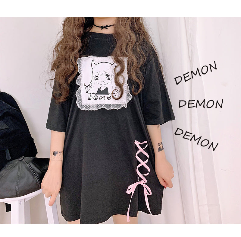 CUTE DEMON GIRL LACE LOOSE MEDIUM-LENGTH T-SHIRT BY22339