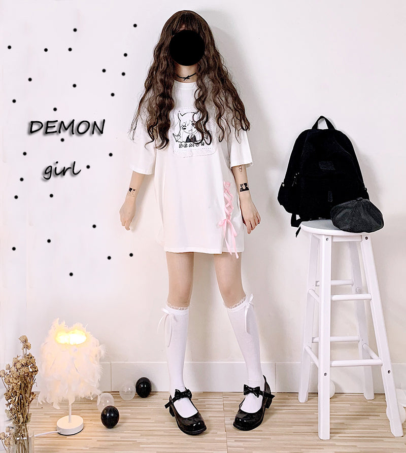 CUTE DEMON GIRL LACE LOOSE MEDIUM-LENGTH T-SHIRT BY22339