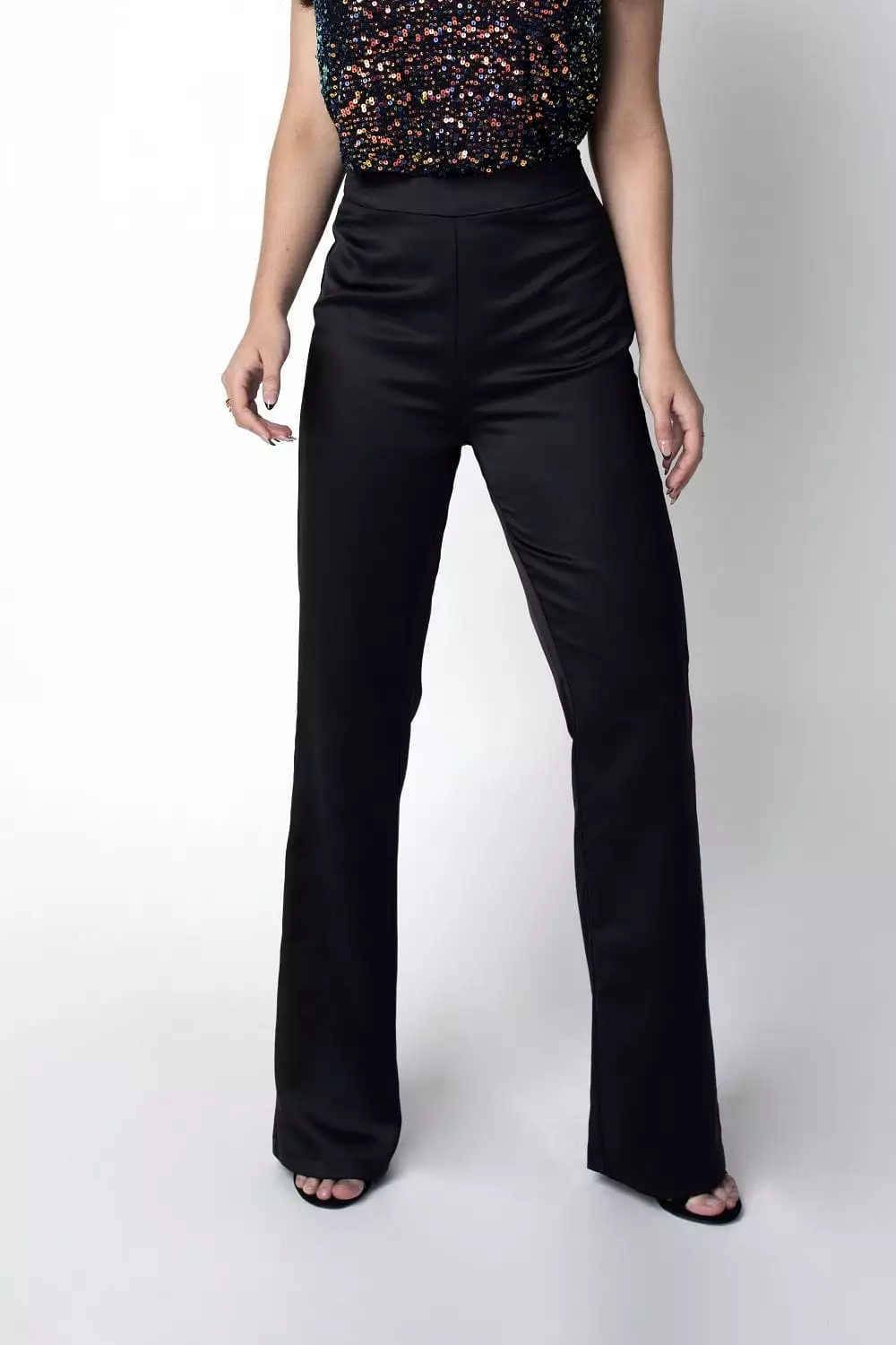 Double Second Black Satin Boot Leg Trouser