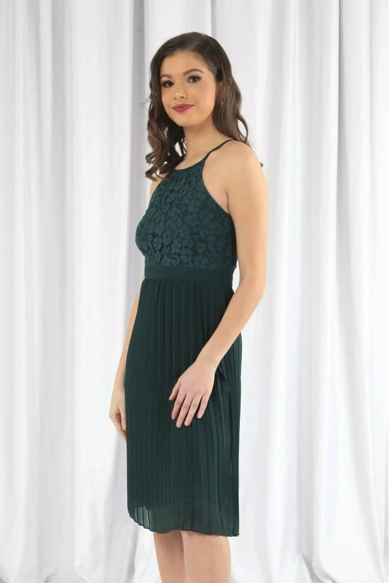 Double Second Green Halter Neck Pleated Lace Dress