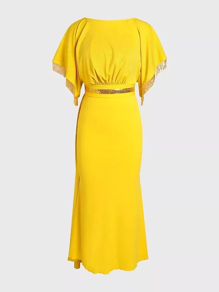 Elegant Yellow Beaded Fringe Knitted Dress L S4711118