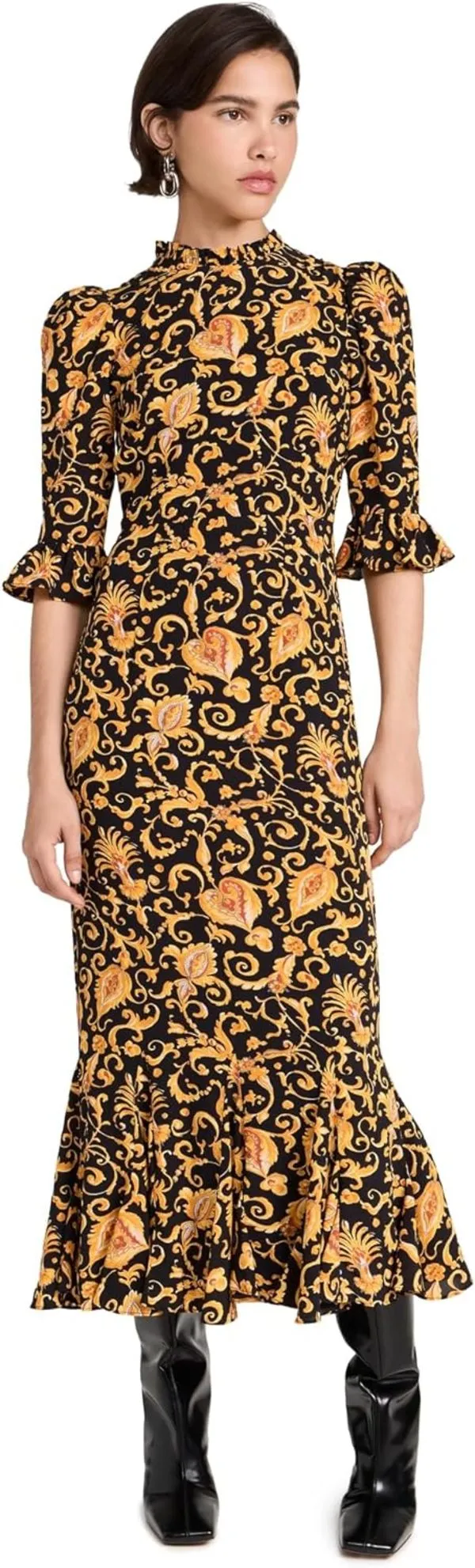 Felix Baroque Heart Floral Puff Sleeves Midi Dress - Gold Multicolor