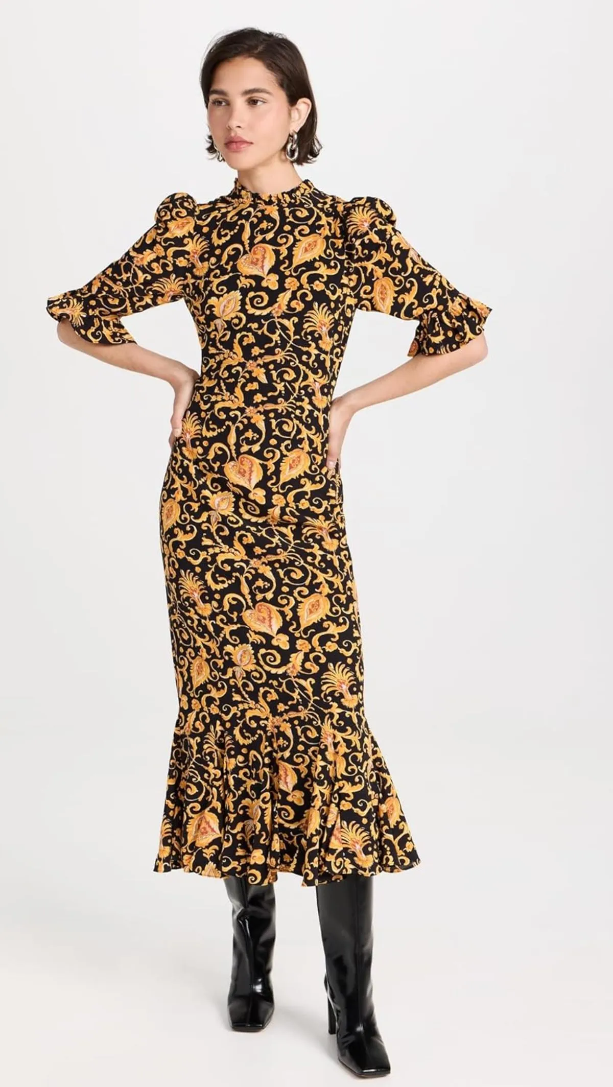 Felix Baroque Heart Floral Puff Sleeves Midi Dress - Gold Multicolor