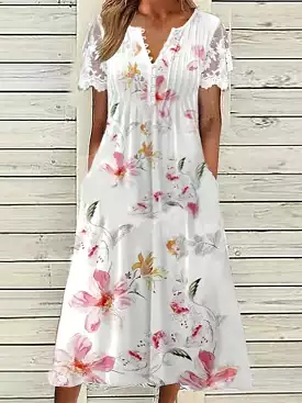 Floral Print White V Neck Lace Dress for Women