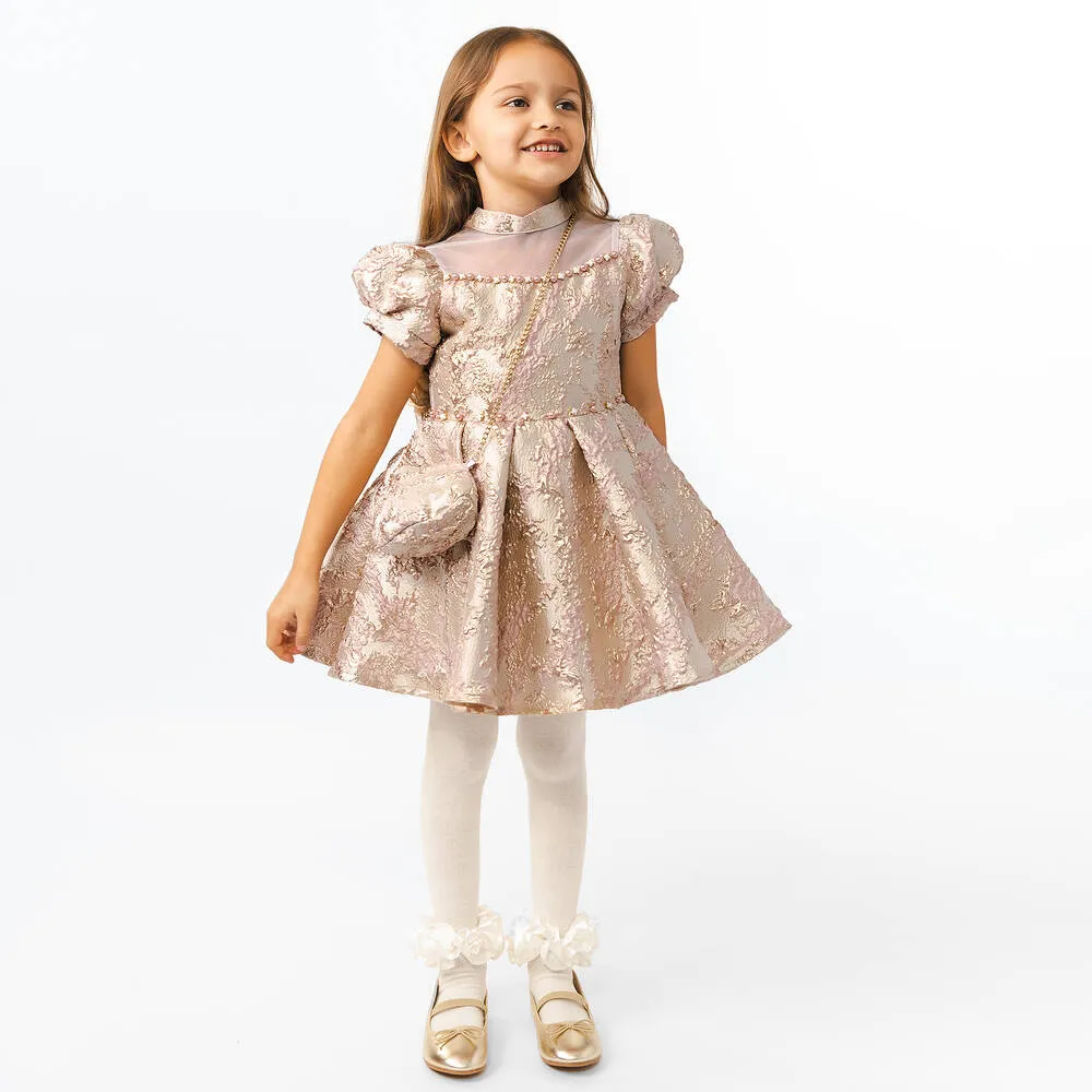 Girls Gold & Pink Jacquard Dress Set