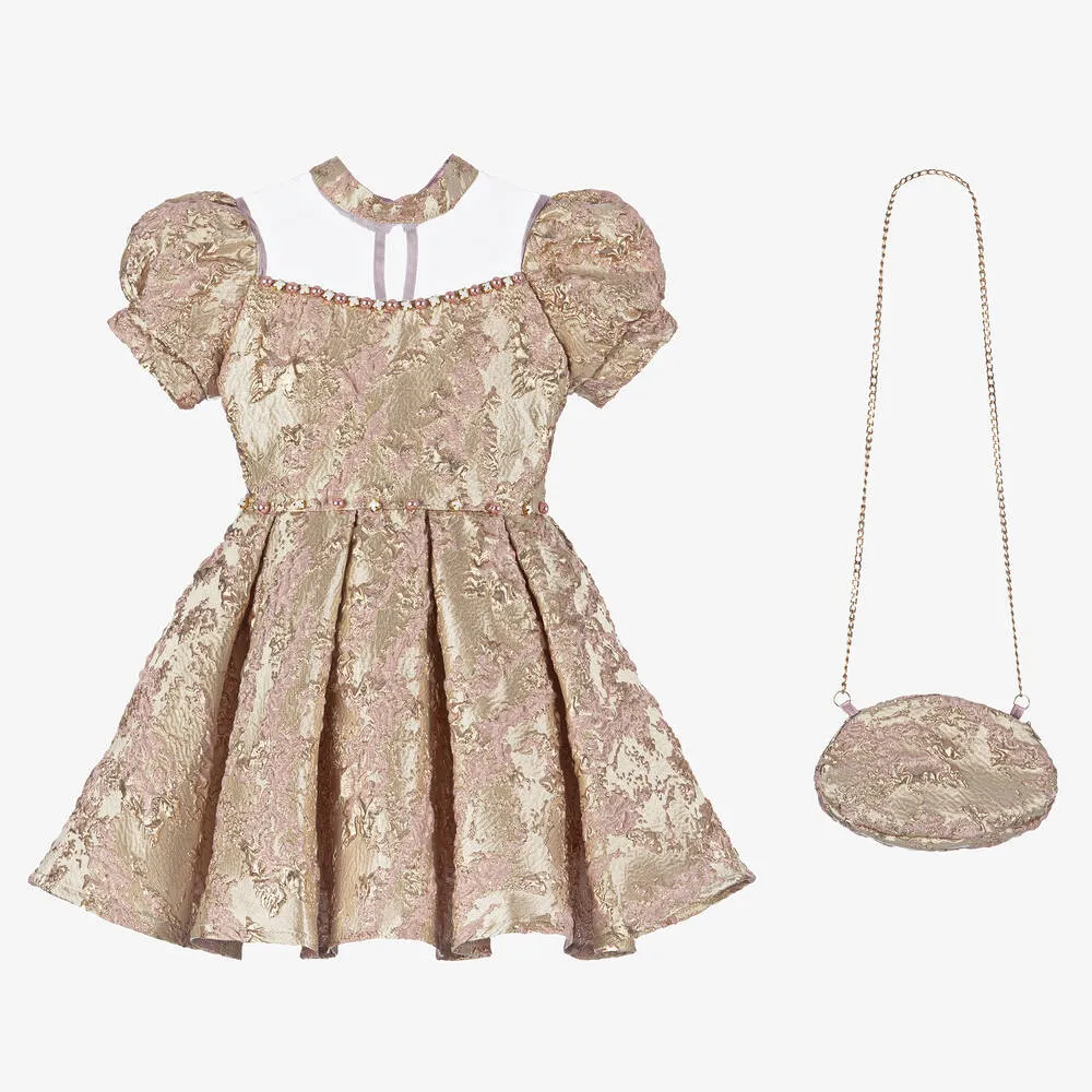 Girls Gold & Pink Jacquard Dress Set