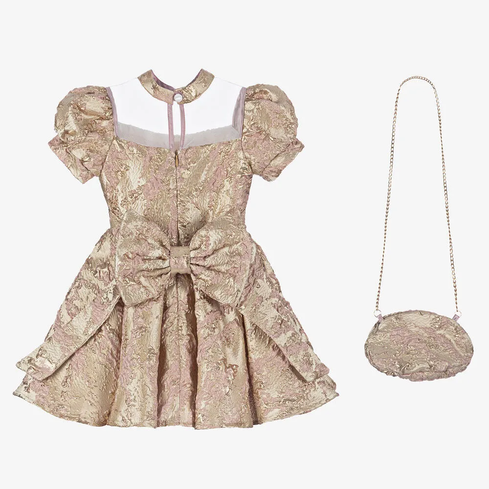 Girls Gold & Pink Jacquard Dress Set