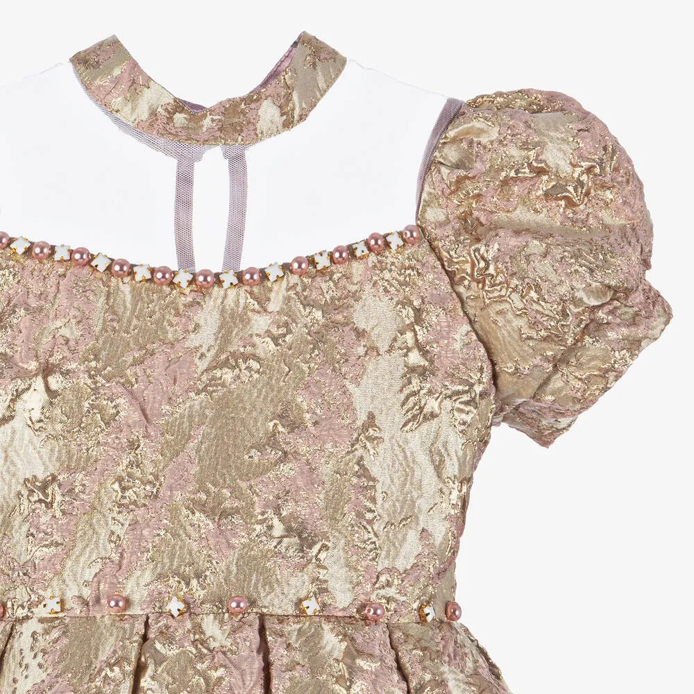 Girls Gold & Pink Jacquard Dress Set