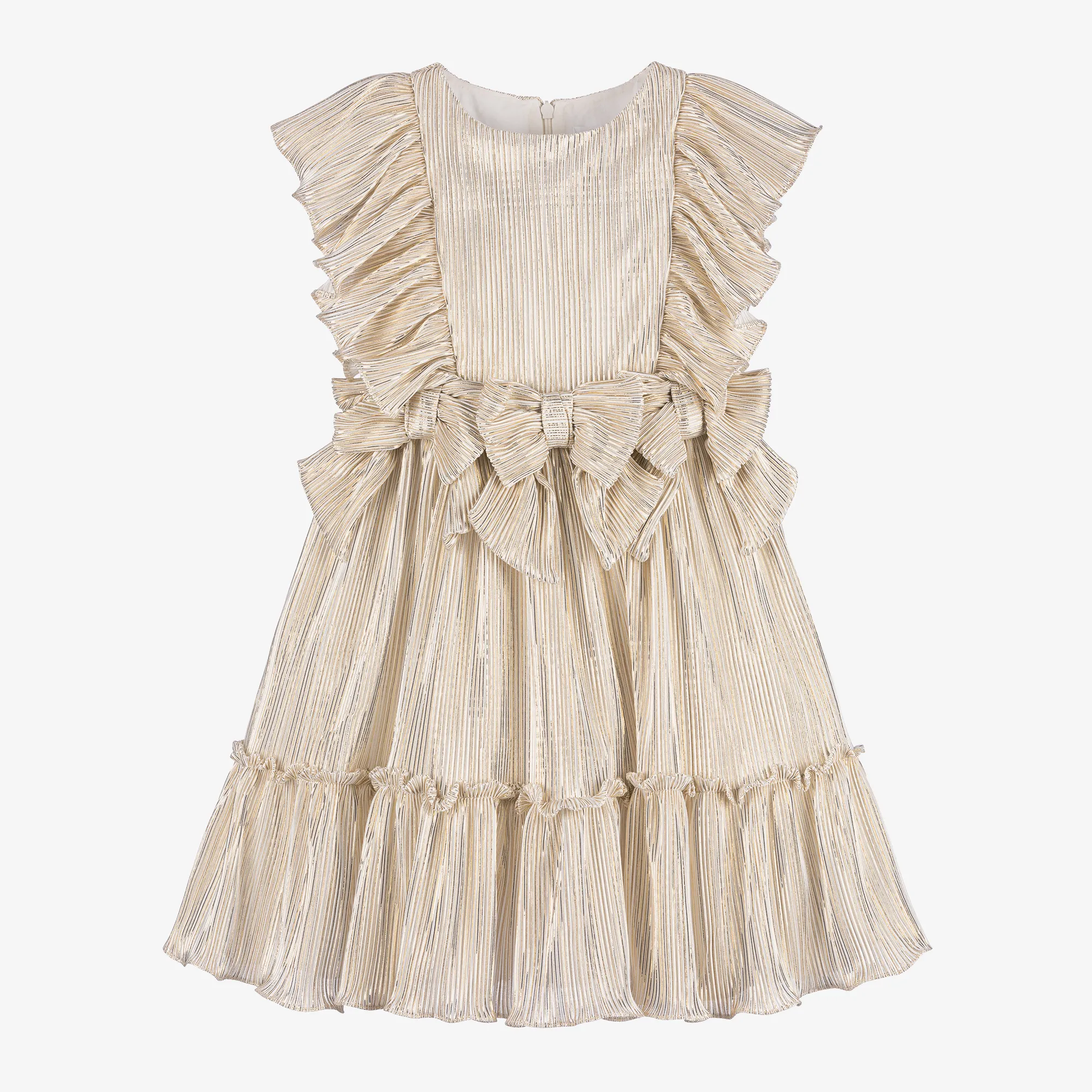 Girls Gold Plissé Bow Dress