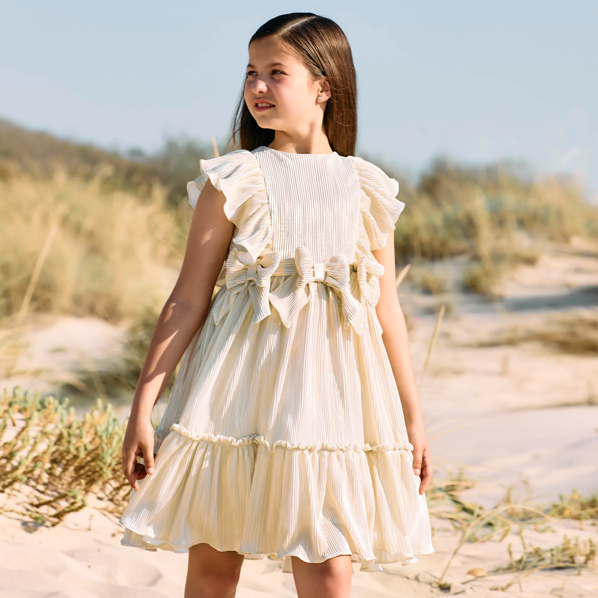 Girls Gold Plissé Bow Dress