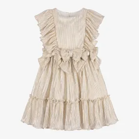 Girls Gold Plissé Bow Dress