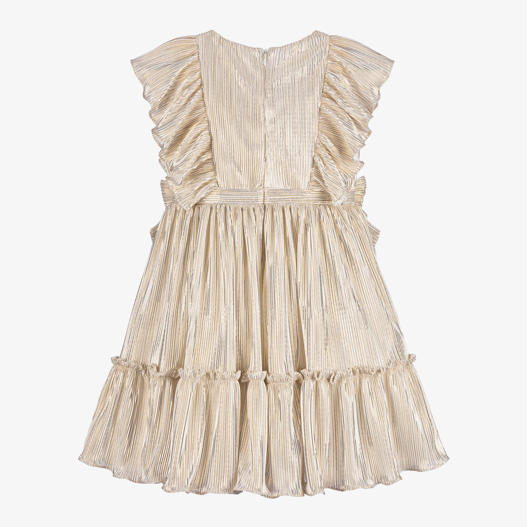 Girls Gold Plissé Bow Dress