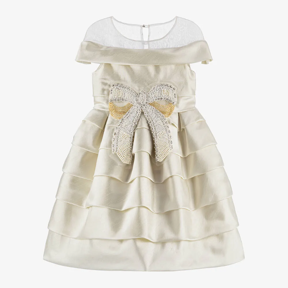 Girls Gold Satin & Beads Silk Bow Dress