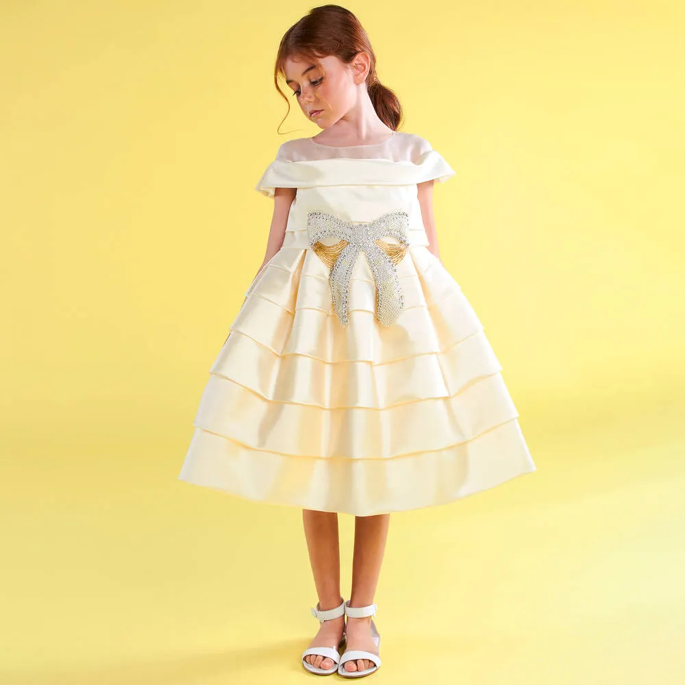 Girls Gold Satin & Beads Silk Bow Dress