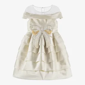 Girls Gold Satin & Beads Silk Bow Dress