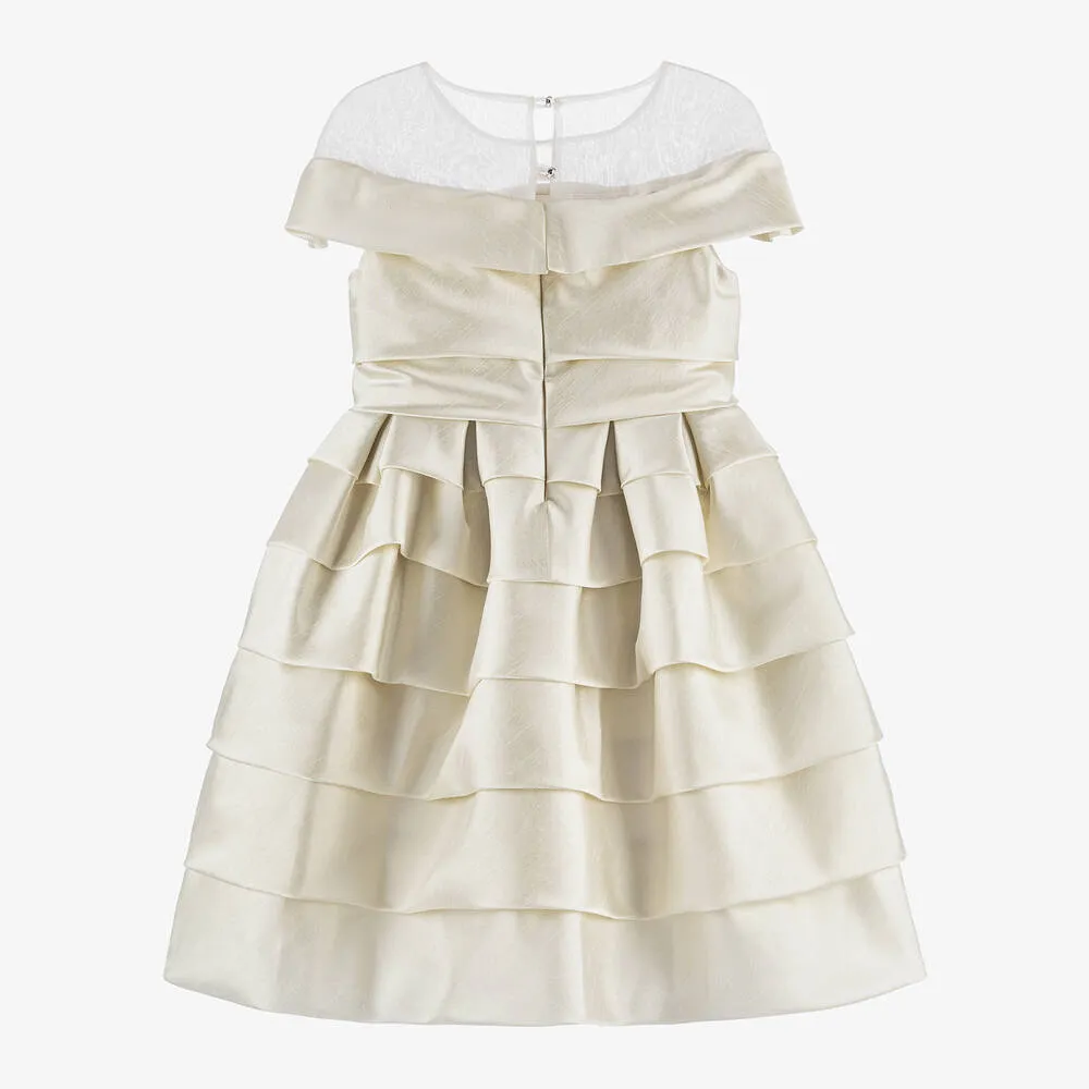 Girls Gold Satin & Beads Silk Bow Dress