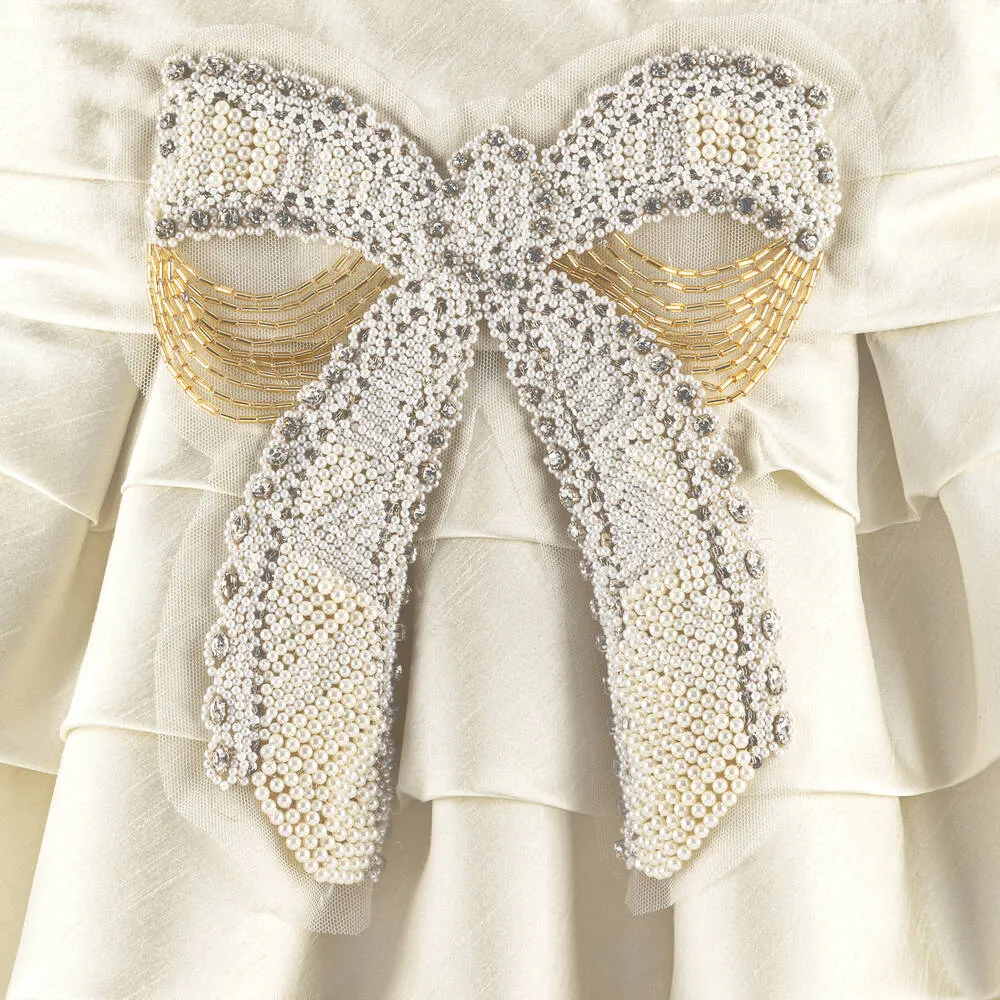 Girls Gold Satin & Beads Silk Bow Dress