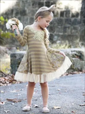 Girls Gold Stripe Long Sleeve Sequin Insert Dress