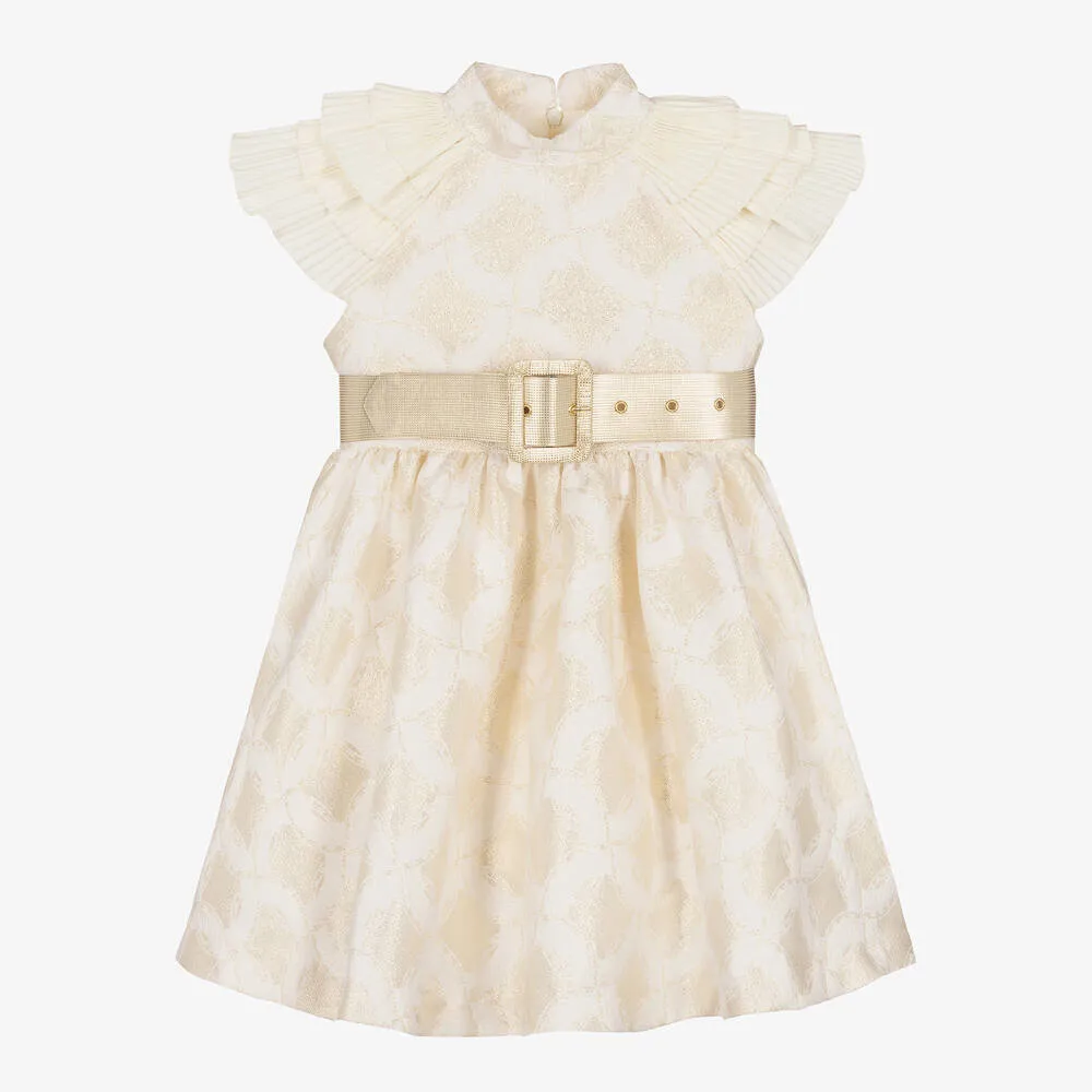 Girls Ivory & Gold Jacquard Dress