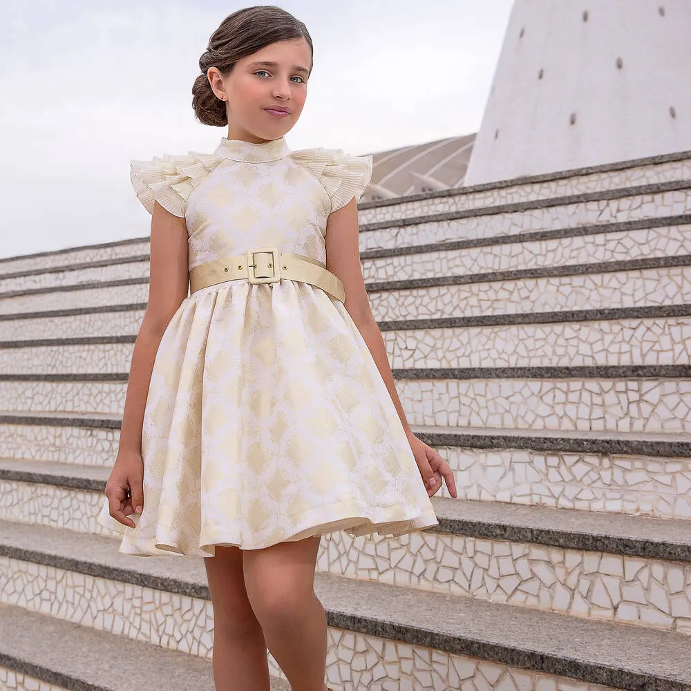 Girls Ivory & Gold Jacquard Dress