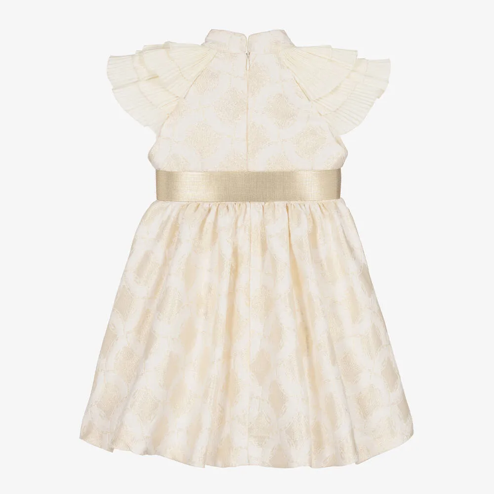 Girls Ivory & Gold Jacquard Dress