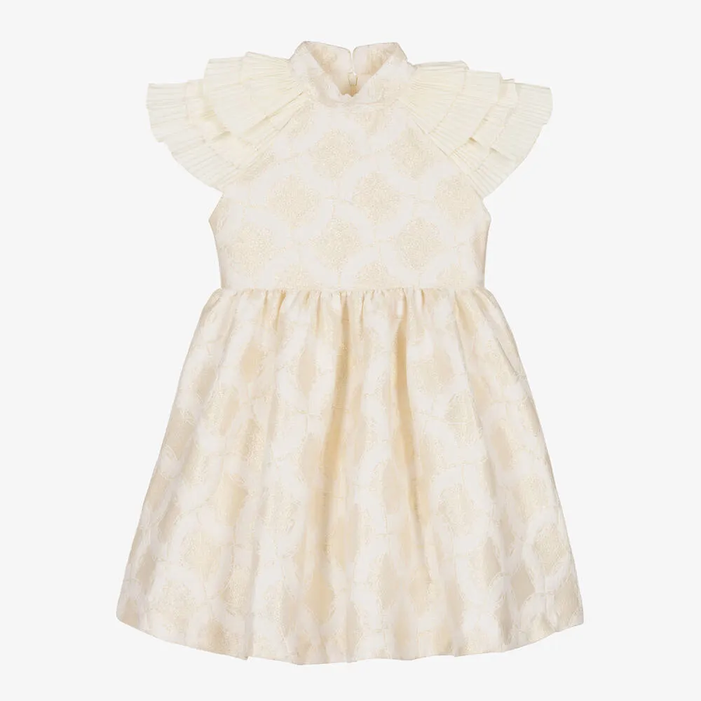 Girls Ivory & Gold Jacquard Dress