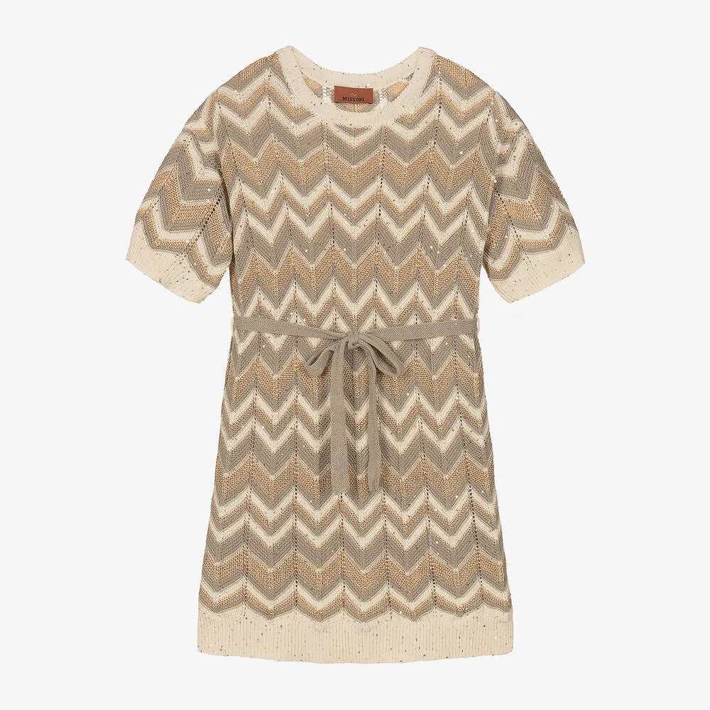 Girls Ivory & Gold Knitted Zigzag Dress