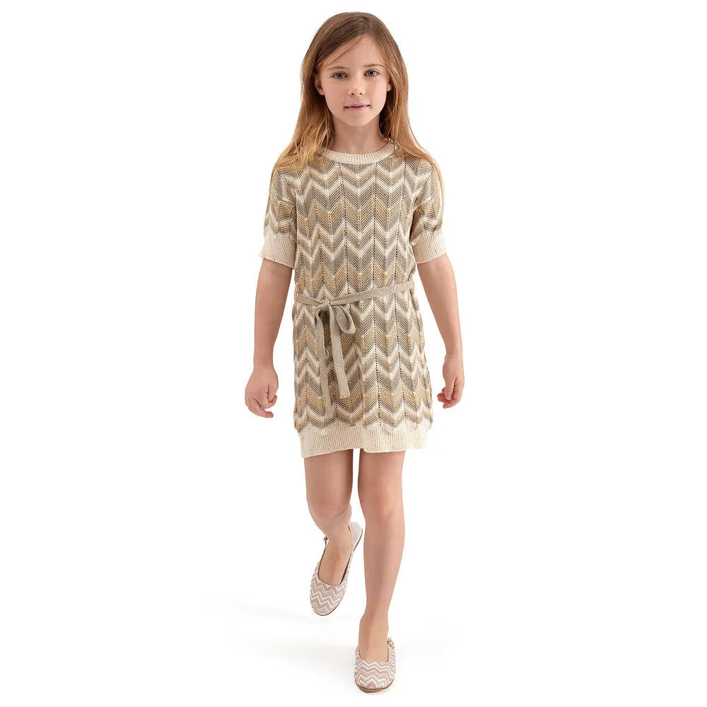 Girls Ivory & Gold Knitted Zigzag Dress