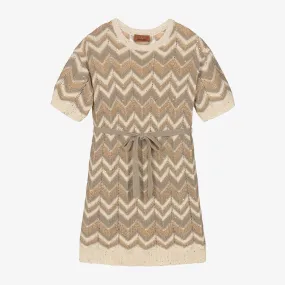 Girls Ivory & Gold Knitted Zigzag Dress