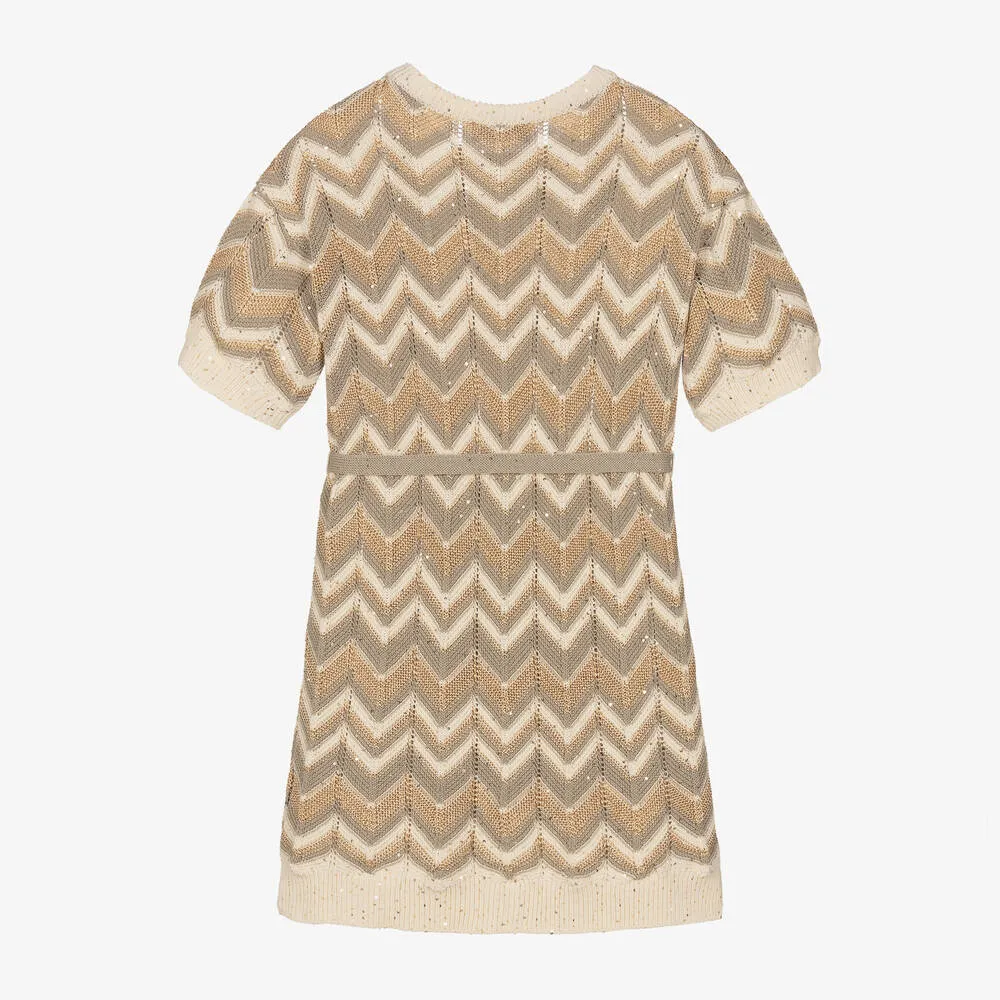 Girls Ivory & Gold Knitted Zigzag Dress